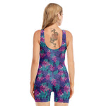 Pink And Blue Tropical Palm Leaf Print Sleeveless One Piece Swimsuit