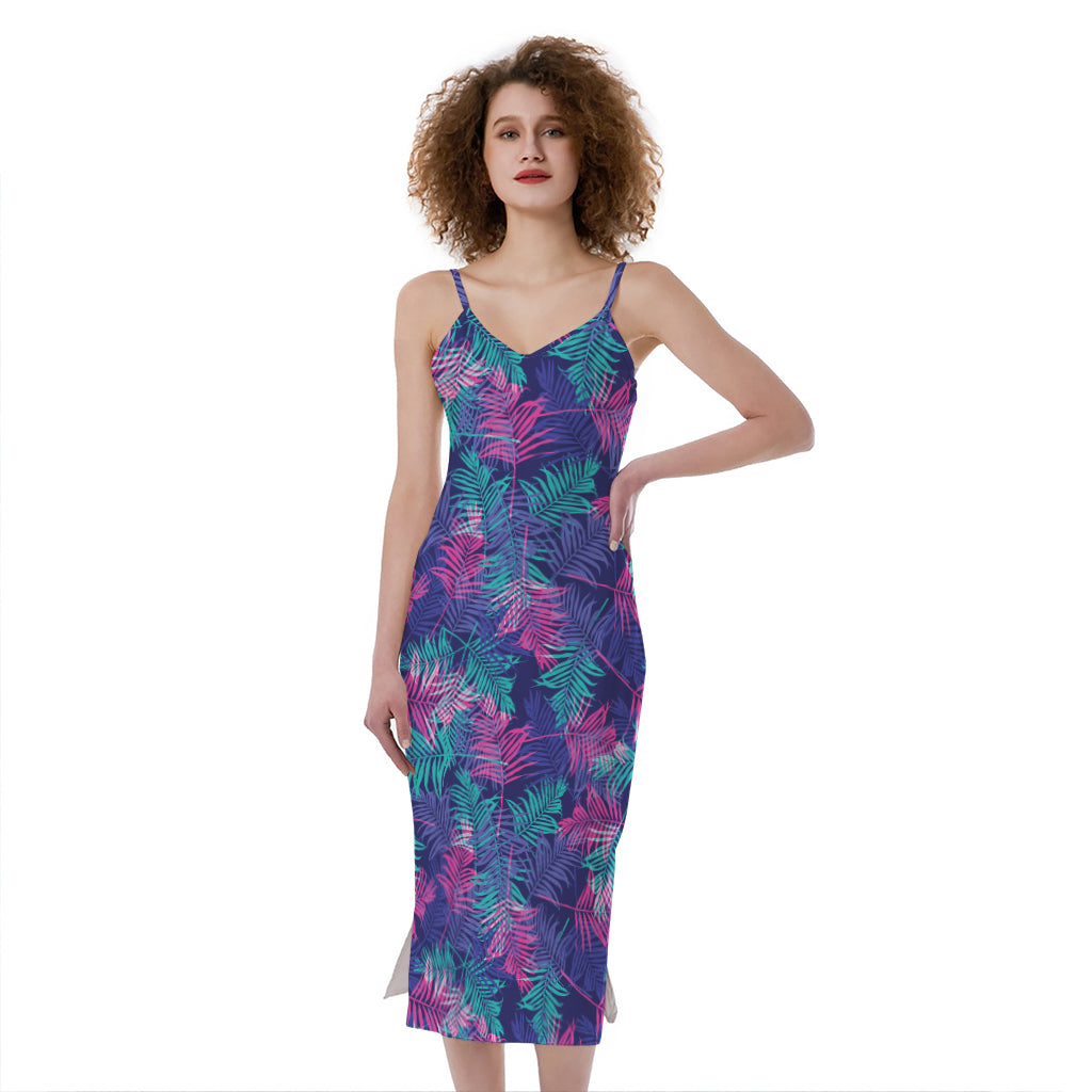 Pink And Blue Tropical Palm Leaf Print Slim Fit Midi Cami Dress