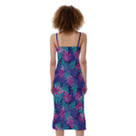 Pink And Blue Tropical Palm Leaf Print Slim Fit Midi Cami Dress