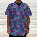 Pink And Blue Tropical Palm Leaf Print Textured Short Sleeve Shirt