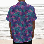 Pink And Blue Tropical Palm Leaf Print Textured Short Sleeve Shirt