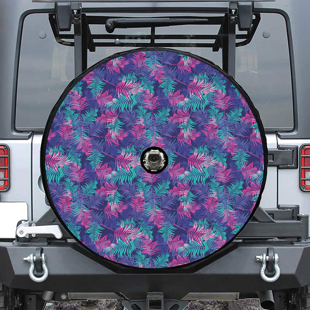 Pink And Blue Tropical Palm Leaf Print Tire Cover With Camera Hole