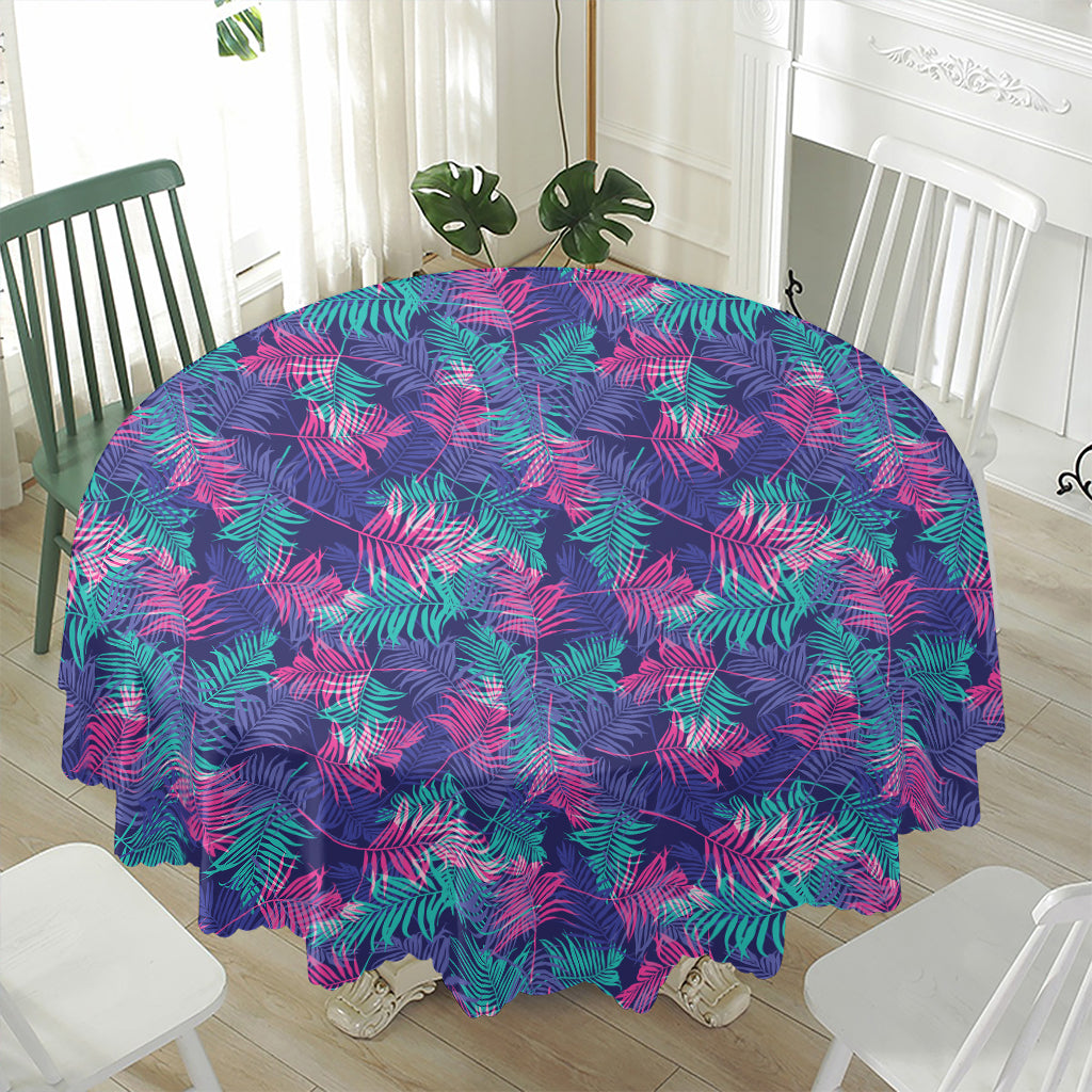 Pink And Blue Tropical Palm Leaf Print Waterproof Round Tablecloth