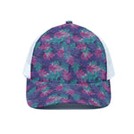 Pink And Blue Tropical Palm Leaf Print White Mesh Trucker Cap