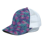 Pink And Blue Tropical Palm Leaf Print White Mesh Trucker Cap