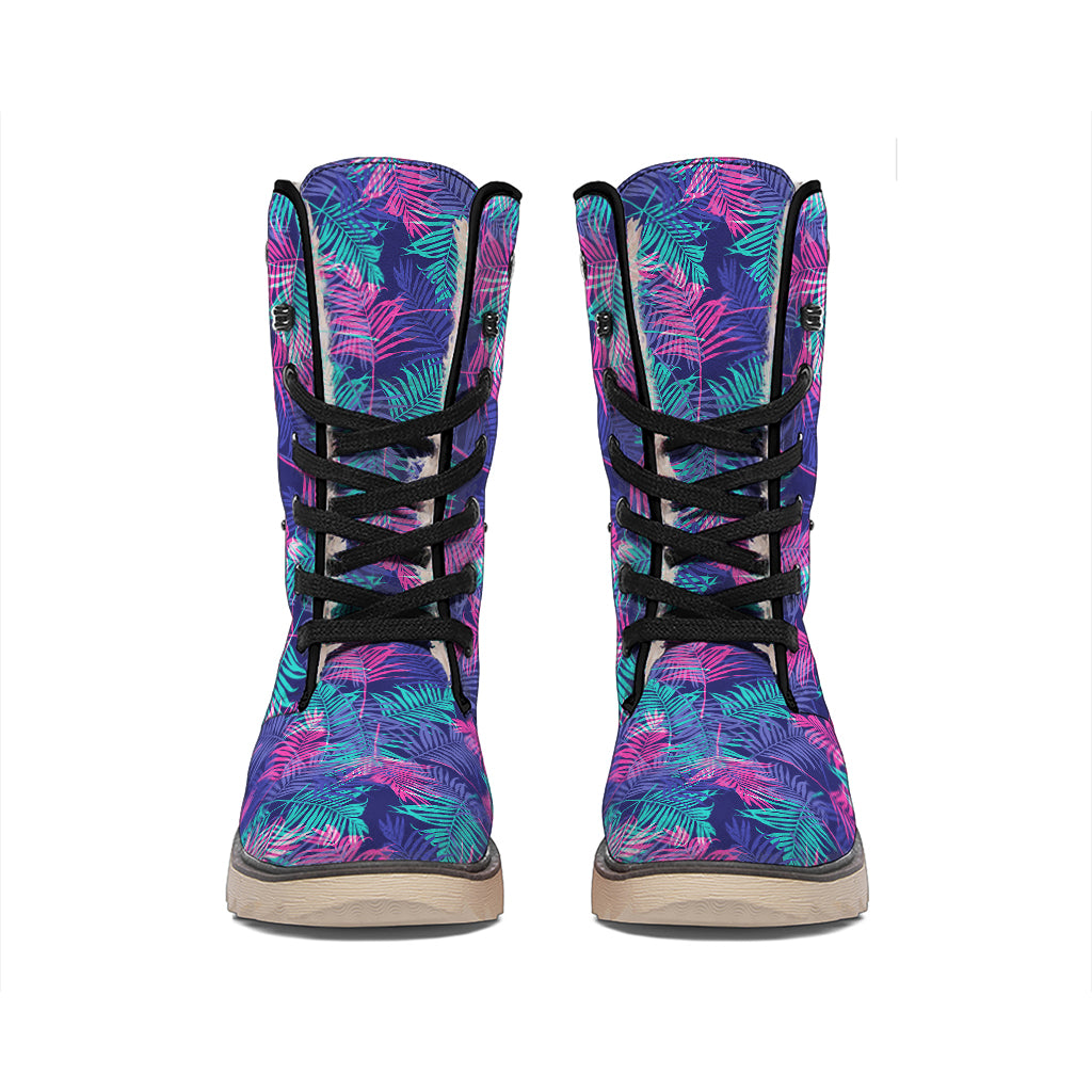 Pink And Blue Tropical Palm Leaf Print Winter Boots