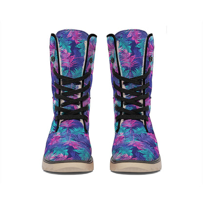 Pink And Blue Tropical Palm Leaf Print Winter Boots