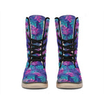Pink And Blue Tropical Palm Leaf Print Winter Boots