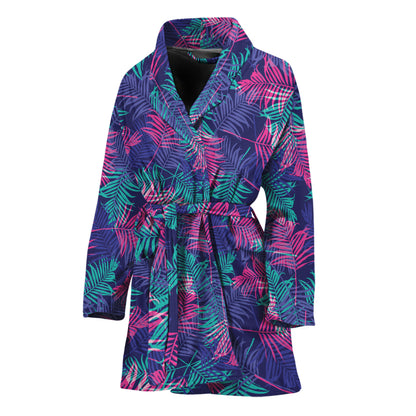 Pink And Blue Tropical Palm Leaf Print Women's Bathrobe