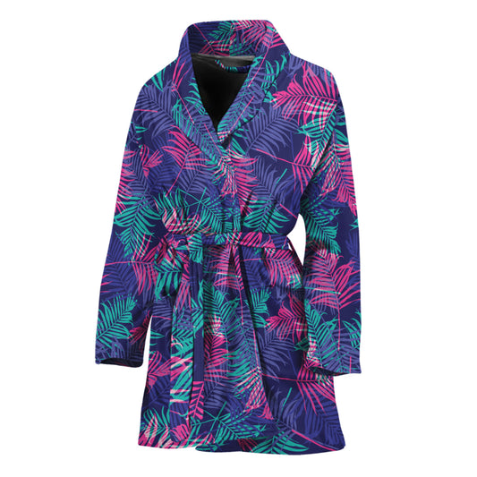 Pink And Blue Tropical Palm Leaf Print Women's Bathrobe