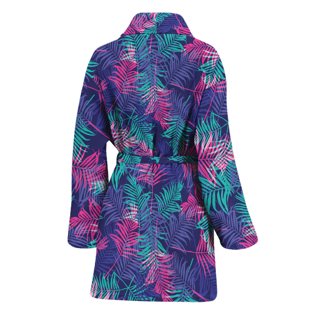 Pink And Blue Tropical Palm Leaf Print Women's Bathrobe