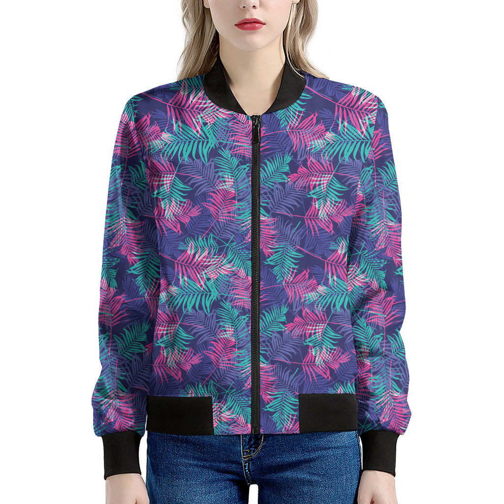 Pink And Blue Tropical Palm Leaf Print Women's Bomber Jacket