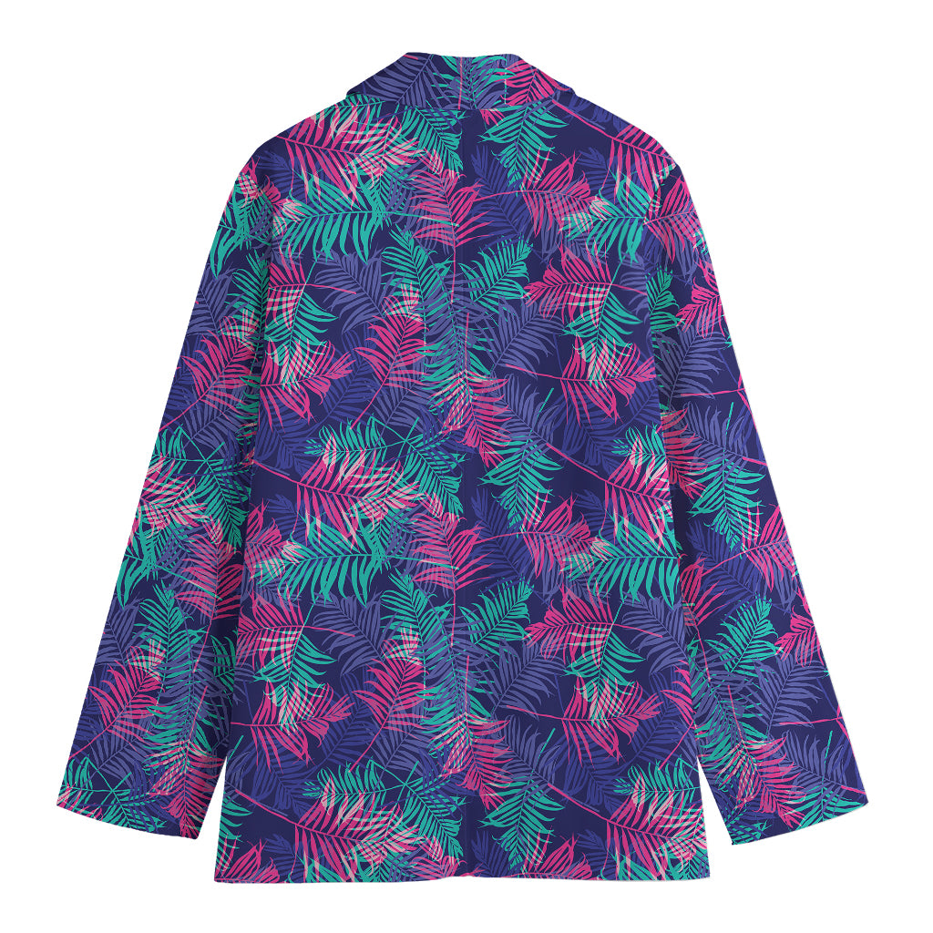 Pink And Blue Tropical Palm Leaf Print Women's Cotton Blazer