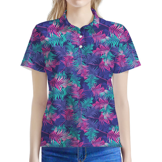 Pink And Blue Tropical Palm Leaf Print Women's Polo Shirt