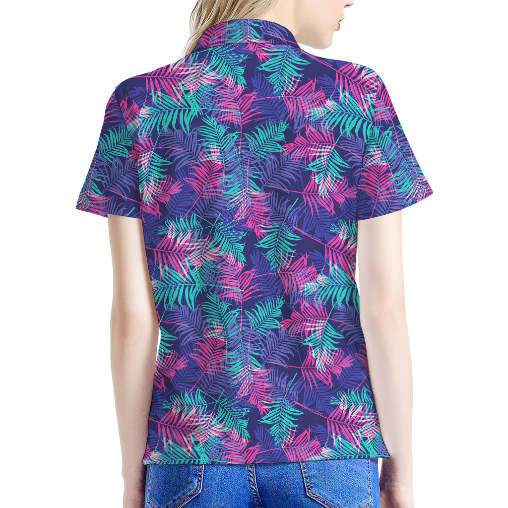 Pink And Blue Tropical Palm Leaf Print Women's Polo Shirt