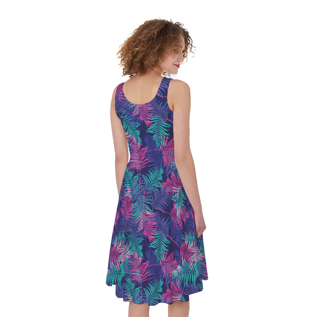 Pink And Blue Tropical Palm Leaf Print Women's Sleeveless Dress