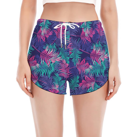Pink And Blue Tropical Palm Leaf Print Women's Split Running Shorts