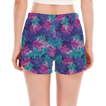 Pink And Blue Tropical Palm Leaf Print Women's Split Running Shorts