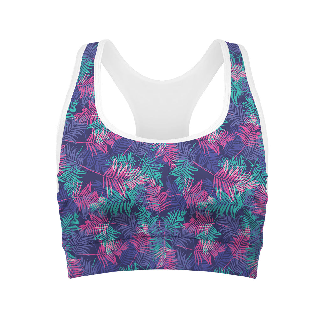 Pink And Blue Tropical Palm Leaf Print Women's Sports Bra