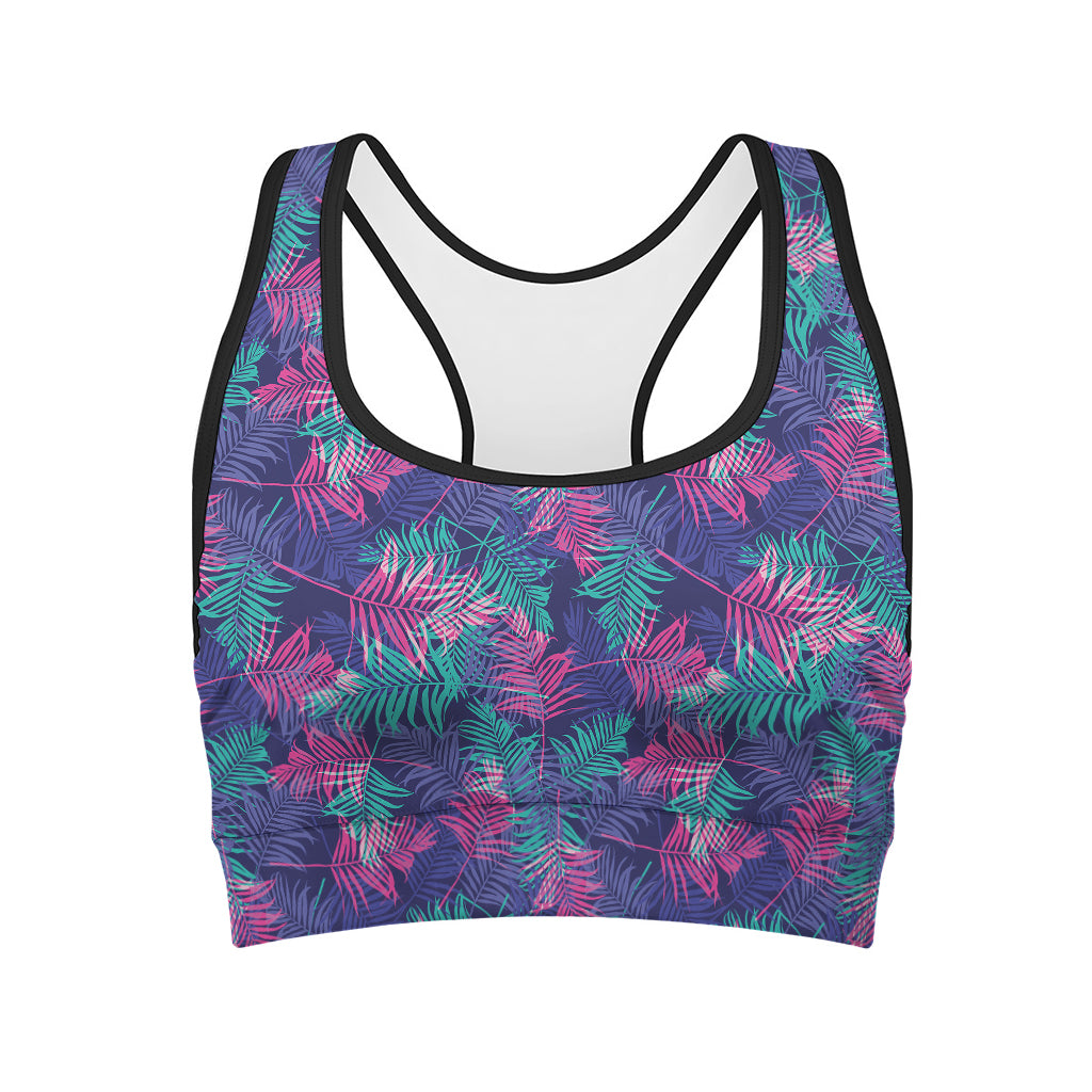 Pink And Blue Tropical Palm Leaf Print Women's Sports Bra