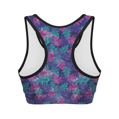 Pink And Blue Tropical Palm Leaf Print Women's Sports Bra