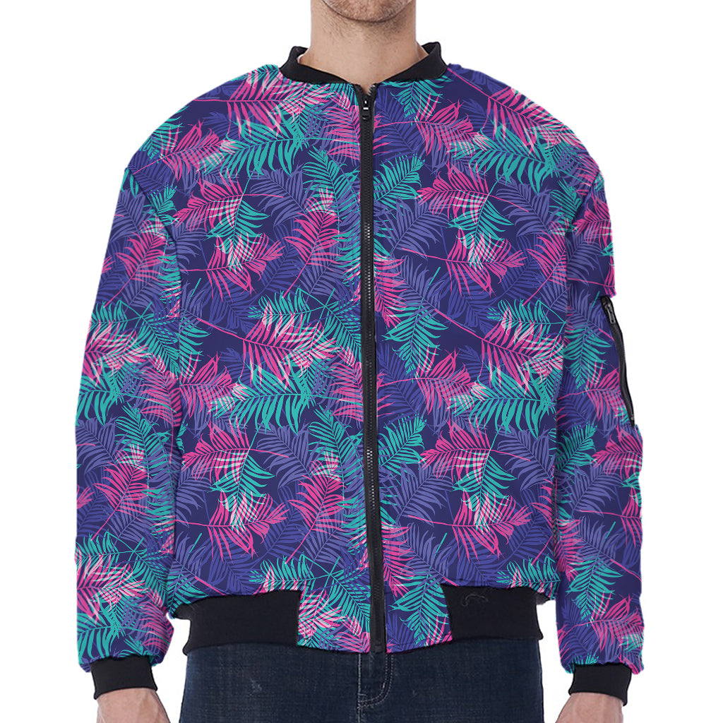 Pink And Blue Tropical Palm Leaf Print Zip Sleeve Bomber Jacket
