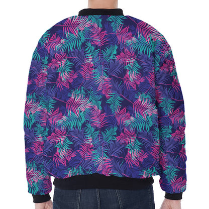 Pink And Blue Tropical Palm Leaf Print Zip Sleeve Bomber Jacket