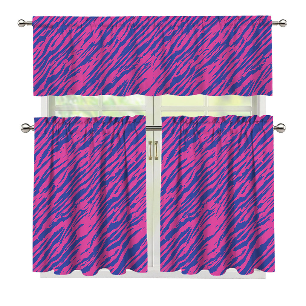 Pink And Blue Zebra Stripes Print 3 Piece Kitchen Curtains