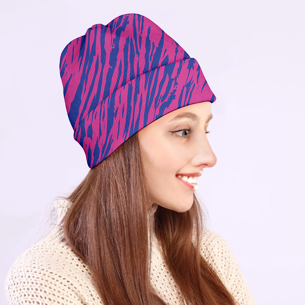 Pink And Blue Zebra Stripes Print Beanie