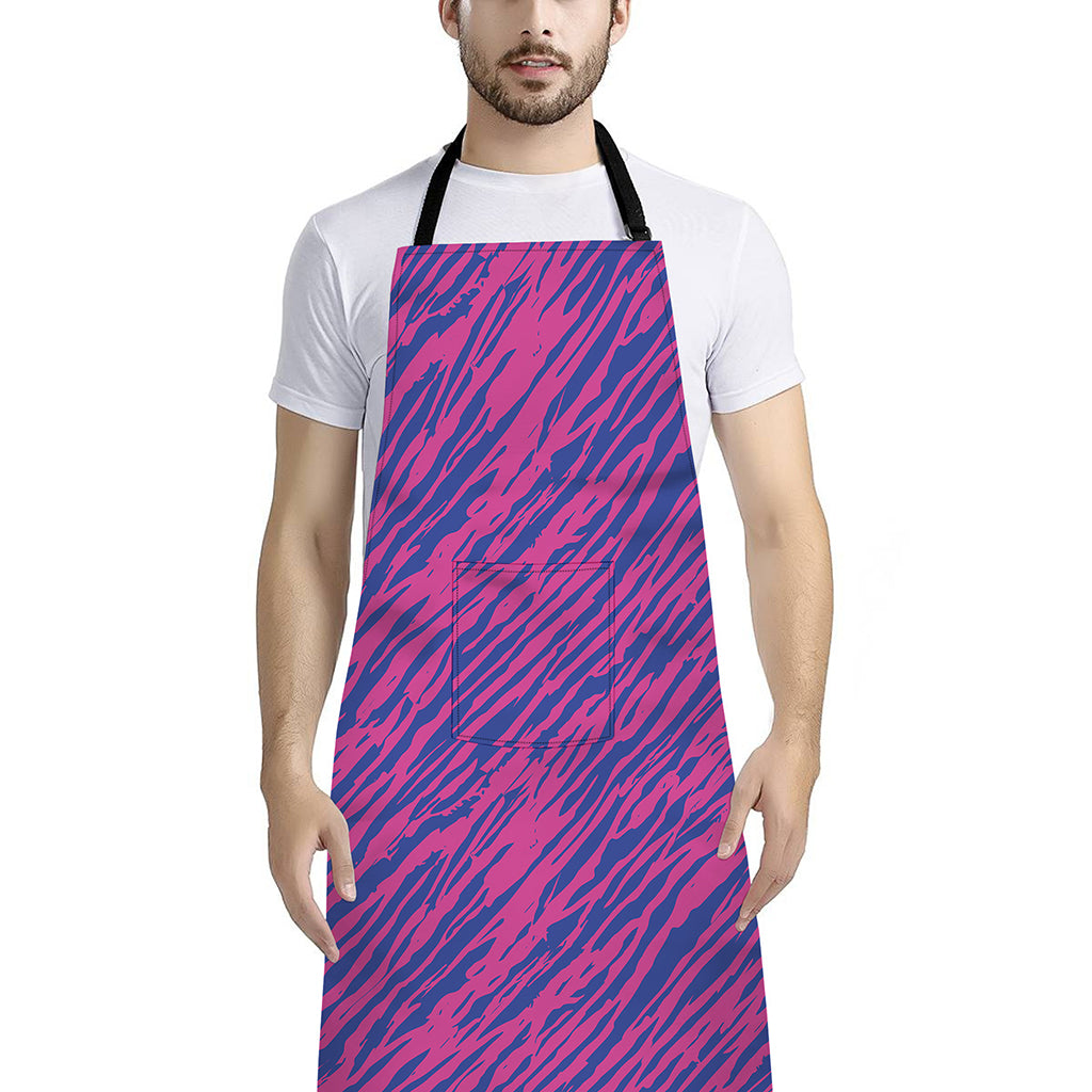 Pink And Blue Zebra Stripes Print Bib Apron With Pocket