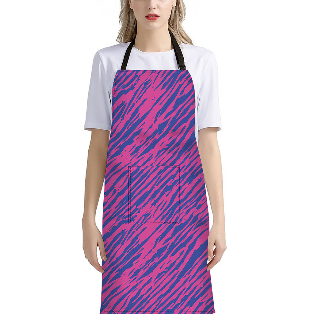 Pink And Blue Zebra Stripes Print Bib Apron With Pocket