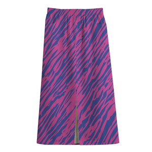 Pink And Blue Zebra Stripes Print Cotton Front Slit Maxi Skirt