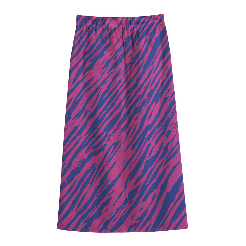 Pink And Blue Zebra Stripes Print Cotton Front Slit Maxi Skirt