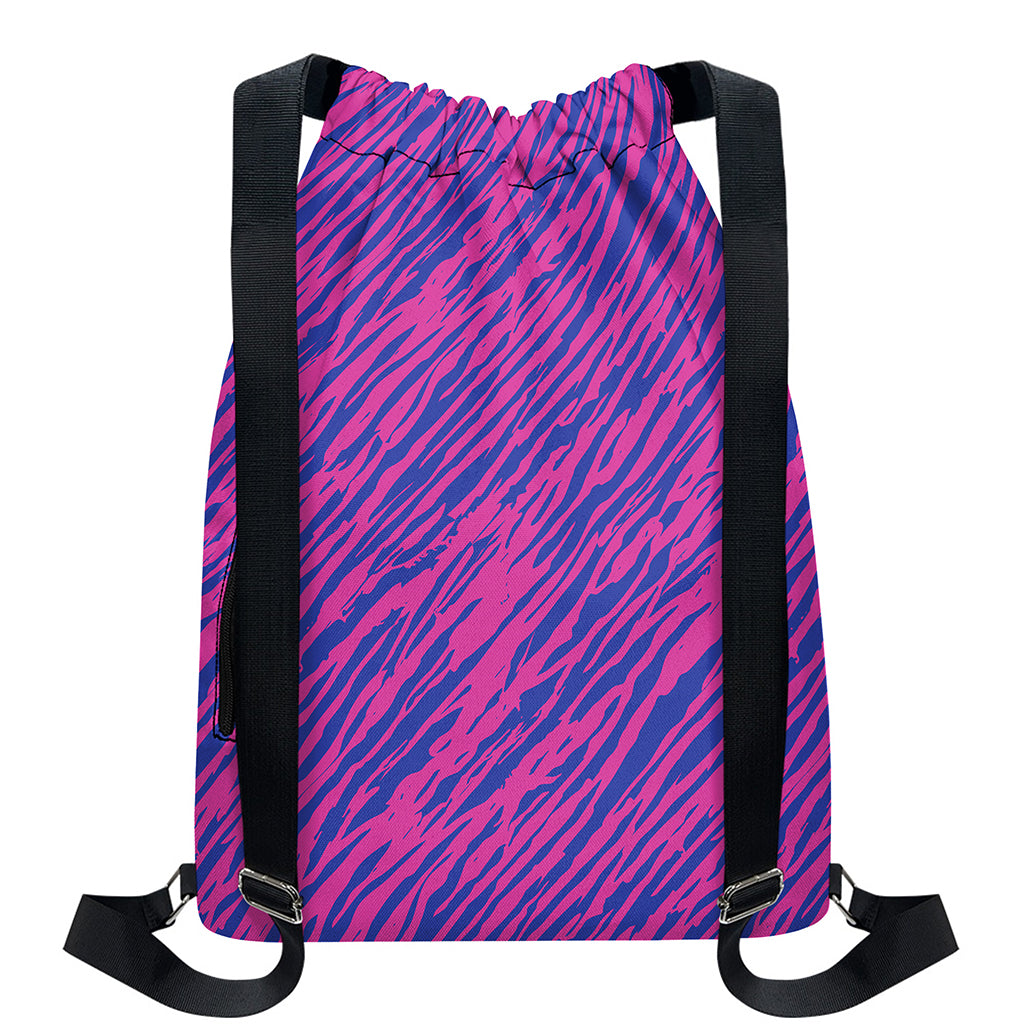 Pink And Blue Zebra Stripes Print Drawstring Backpack