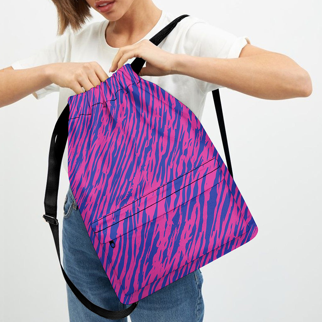 Pink And Blue Zebra Stripes Print Drawstring Backpack