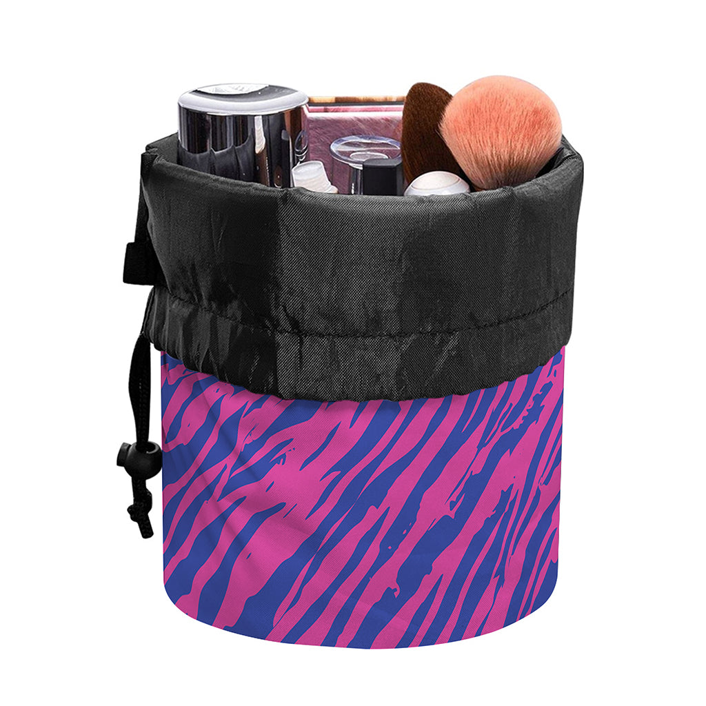 Pink And Blue Zebra Stripes Print Drawstring Makeup Bag