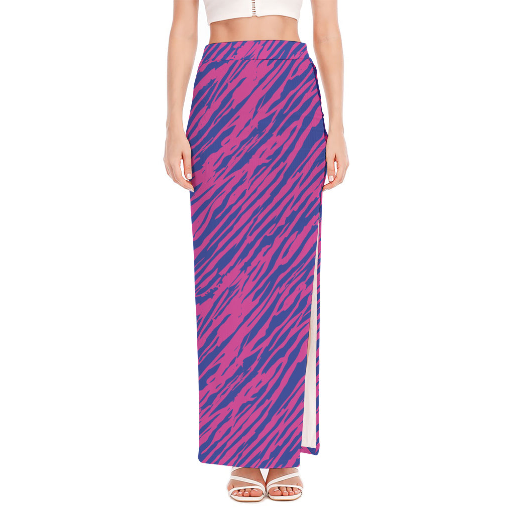 Pink And Blue Zebra Stripes Print High Slit Maxi Skirt