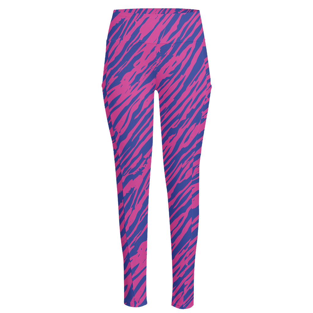 Pink And Blue Zebra Stripes Print High-Waisted Pocket Leggings