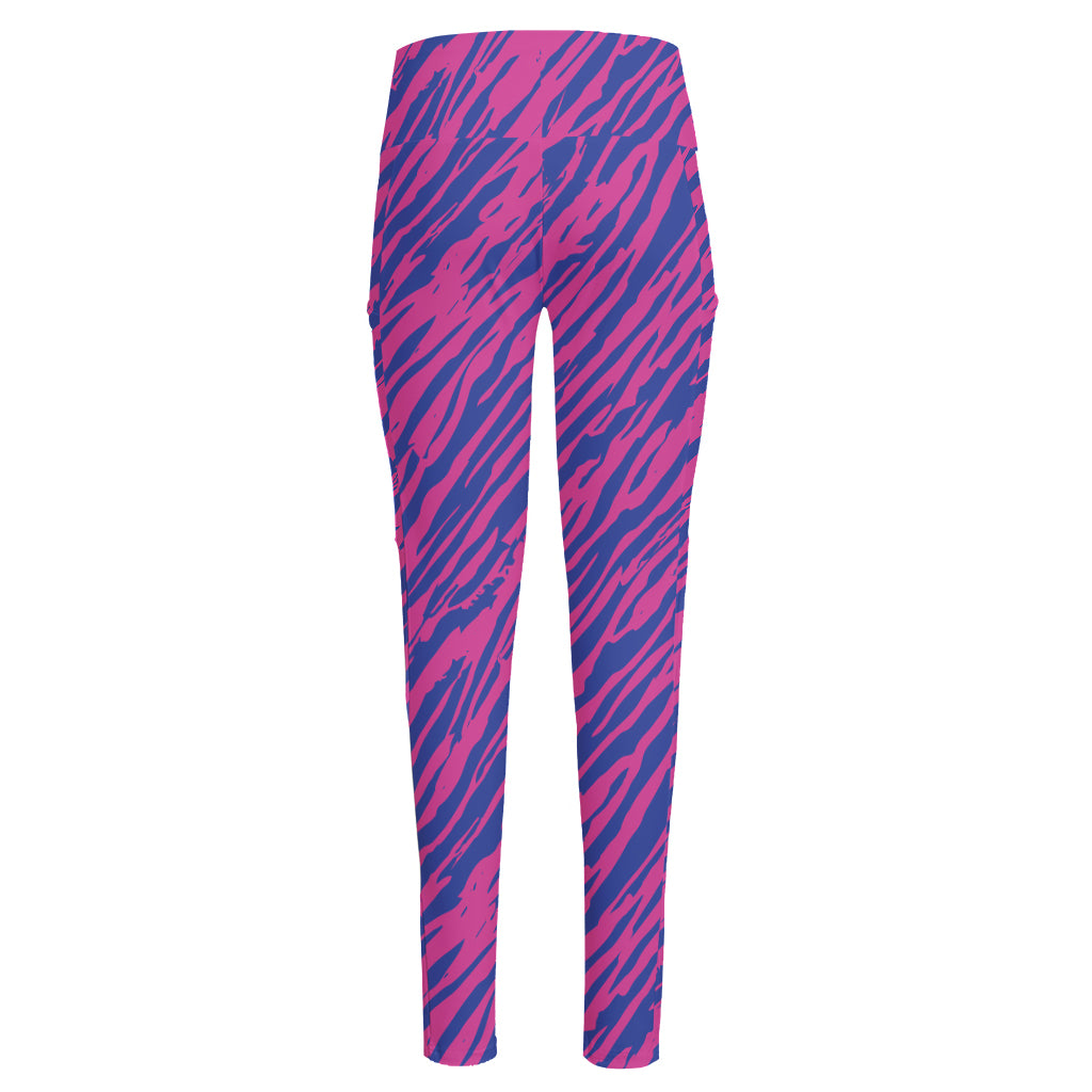 Pink And Blue Zebra Stripes Print High-Waisted Pocket Leggings