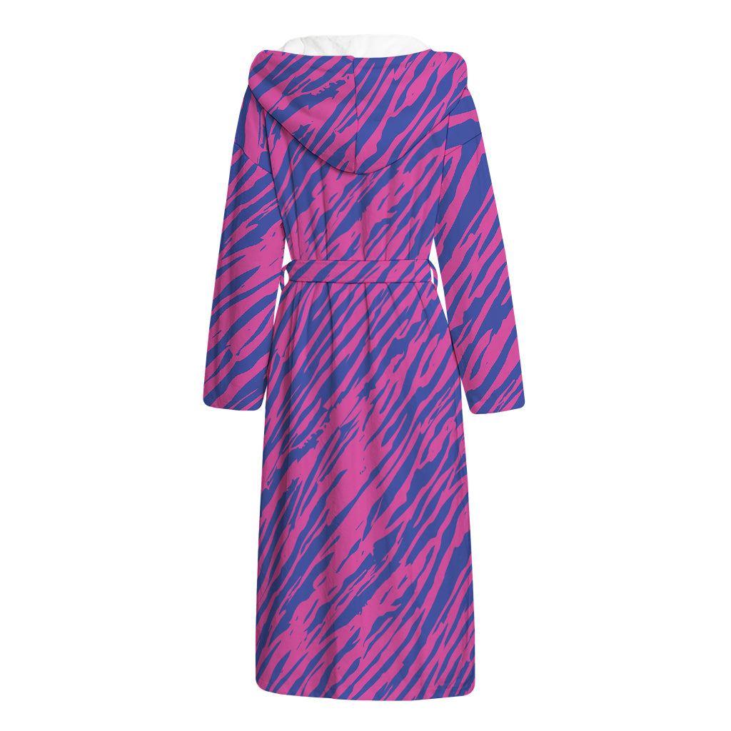 Pink And Blue Zebra Stripes Print Hooded Bathrobe