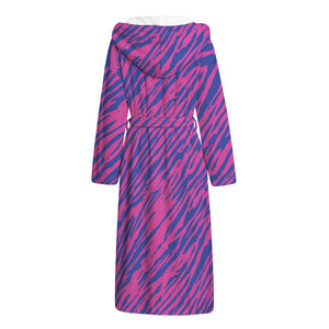 Pink And Blue Zebra Stripes Print Hooded Bathrobe