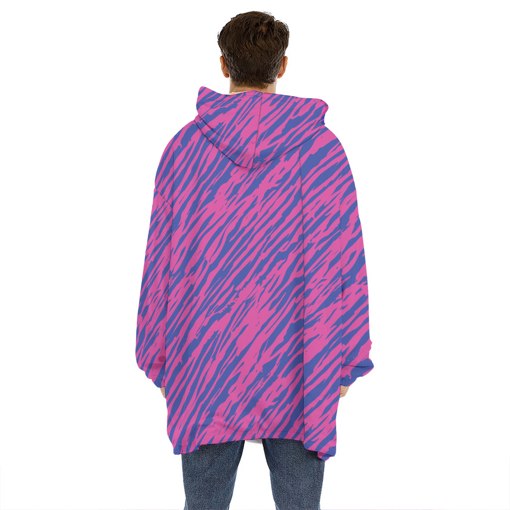 Pink And Blue Zebra Stripes Print Hoodie Blanket