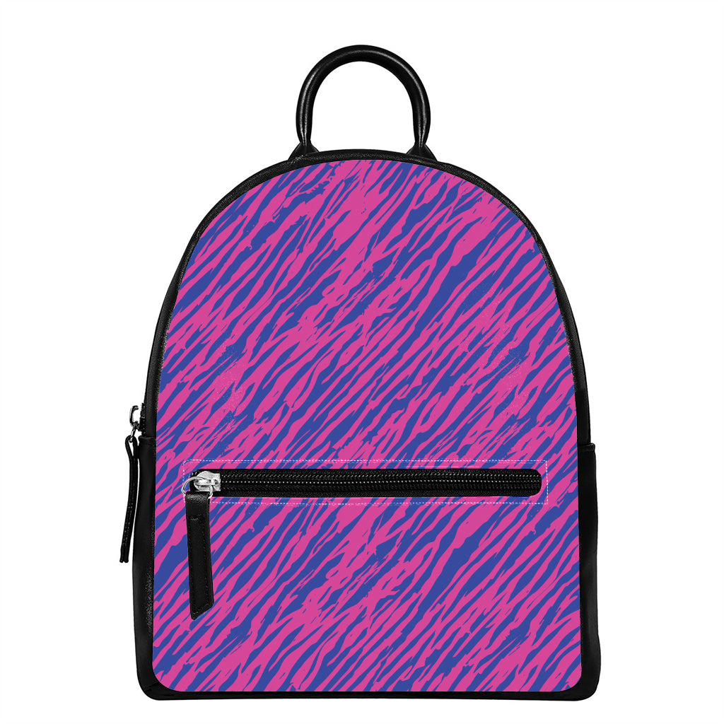 Pink And Blue Zebra Stripes Print Leather Backpack