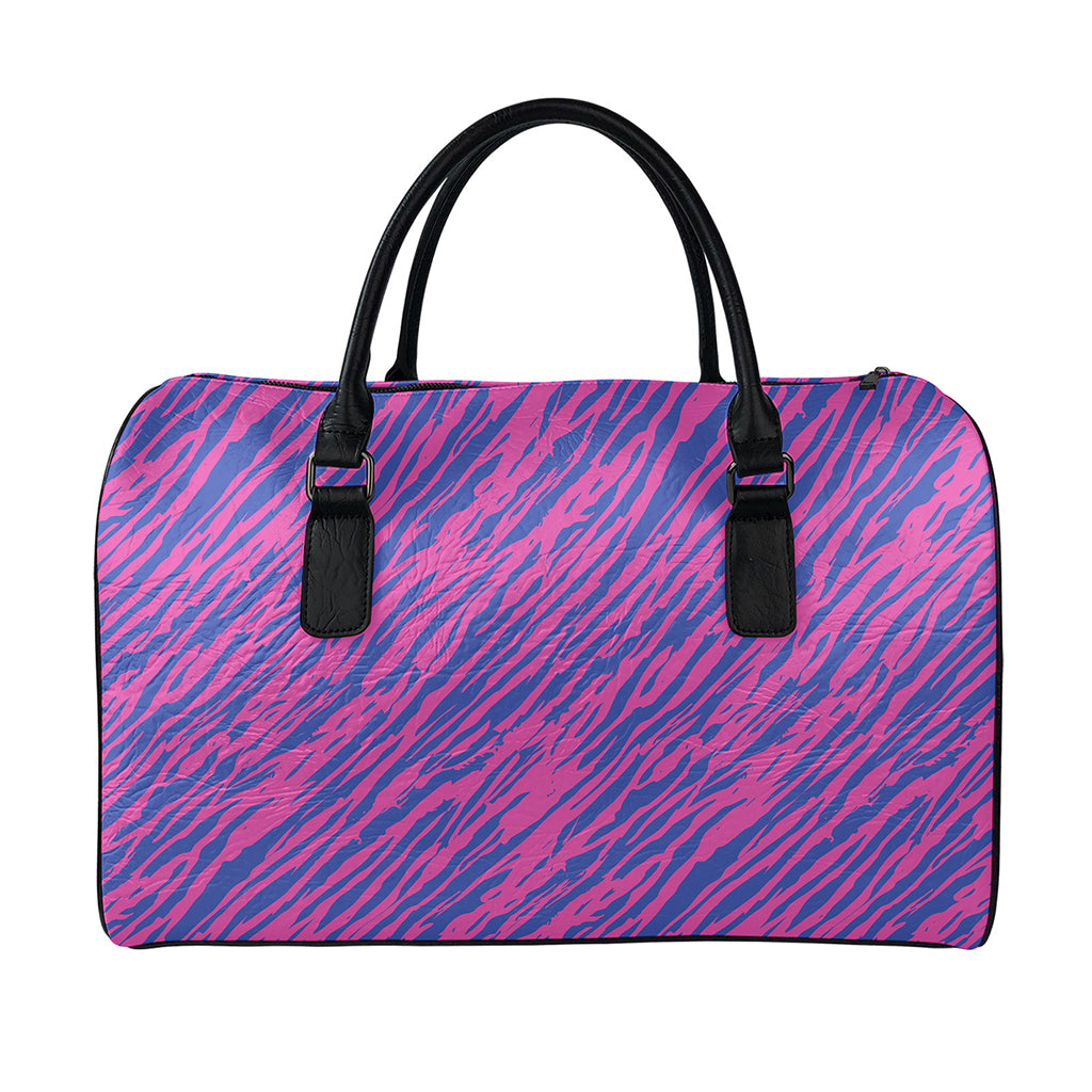 Pink And Blue Zebra Stripes Print Leather Duffle Bag