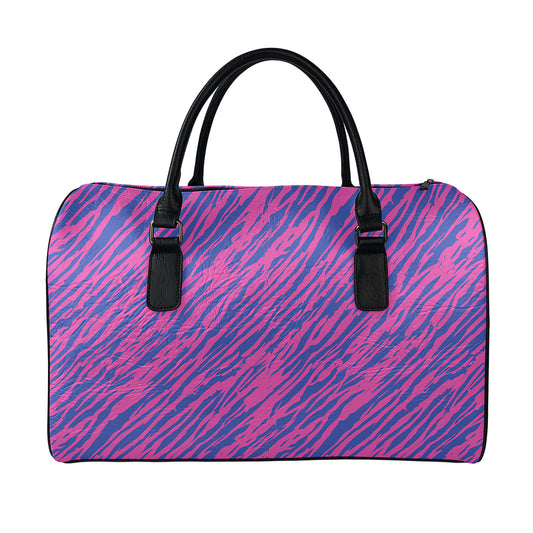 Pink And Blue Zebra Stripes Print Leather Duffle Bag