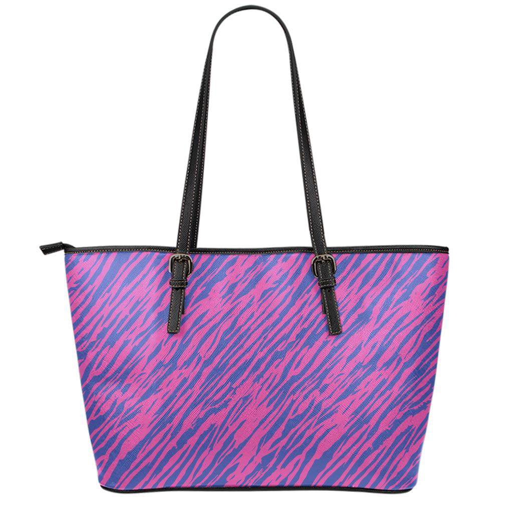 Pink And Blue Zebra Stripes Print Leather Tote Bag