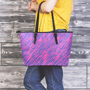 Pink And Blue Zebra Stripes Print Leather Tote Bag