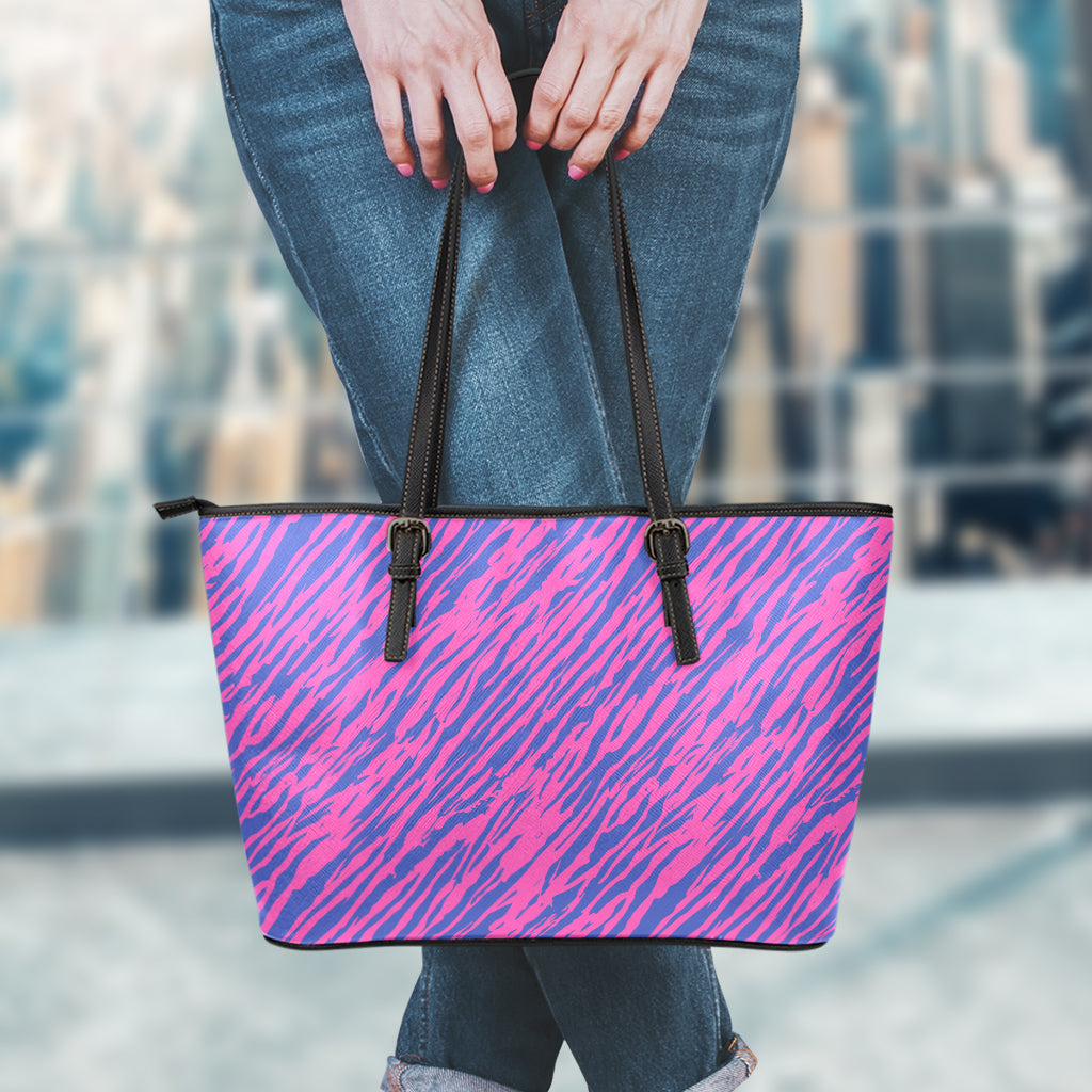 Pink And Blue Zebra Stripes Print Leather Tote Bag