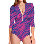 Pink And Blue Zebra Stripes Print Long Sleeve Swimsuit