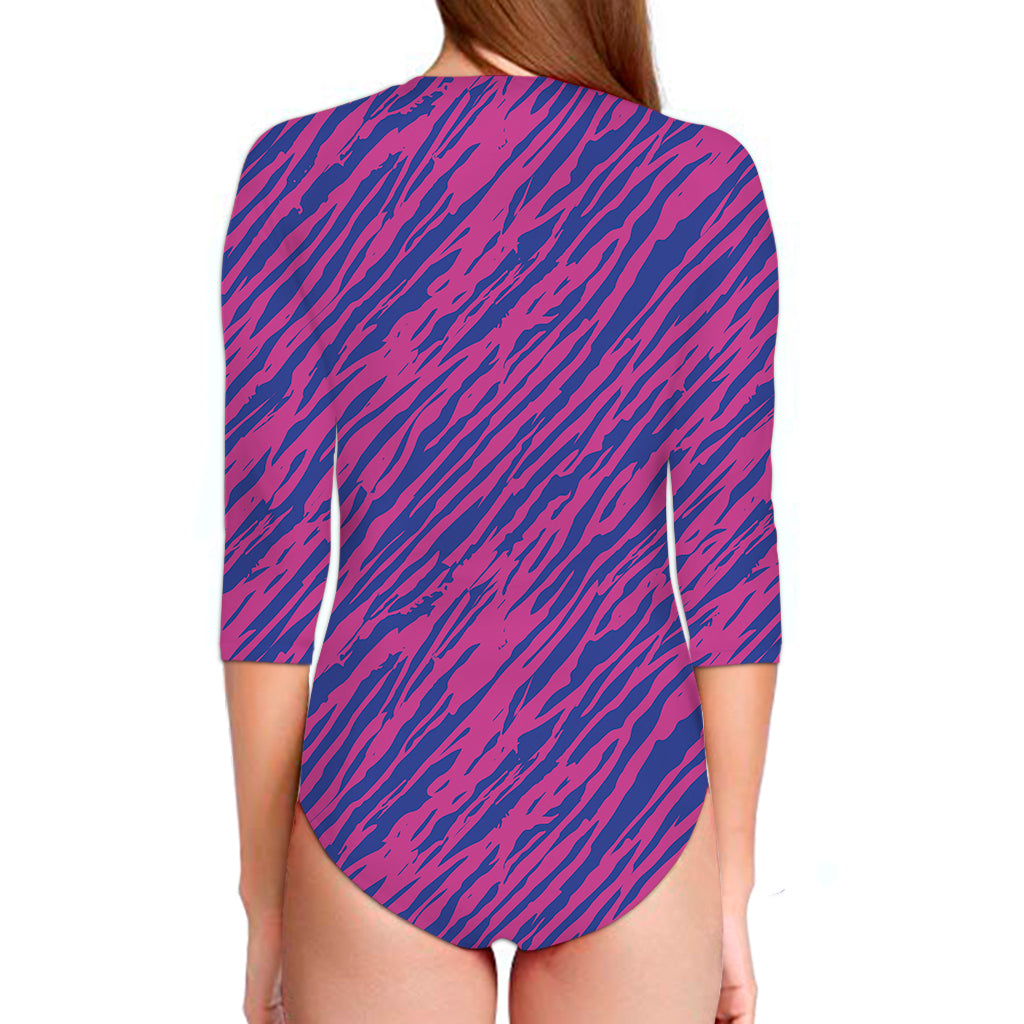 Pink And Blue Zebra Stripes Print Long Sleeve Swimsuit